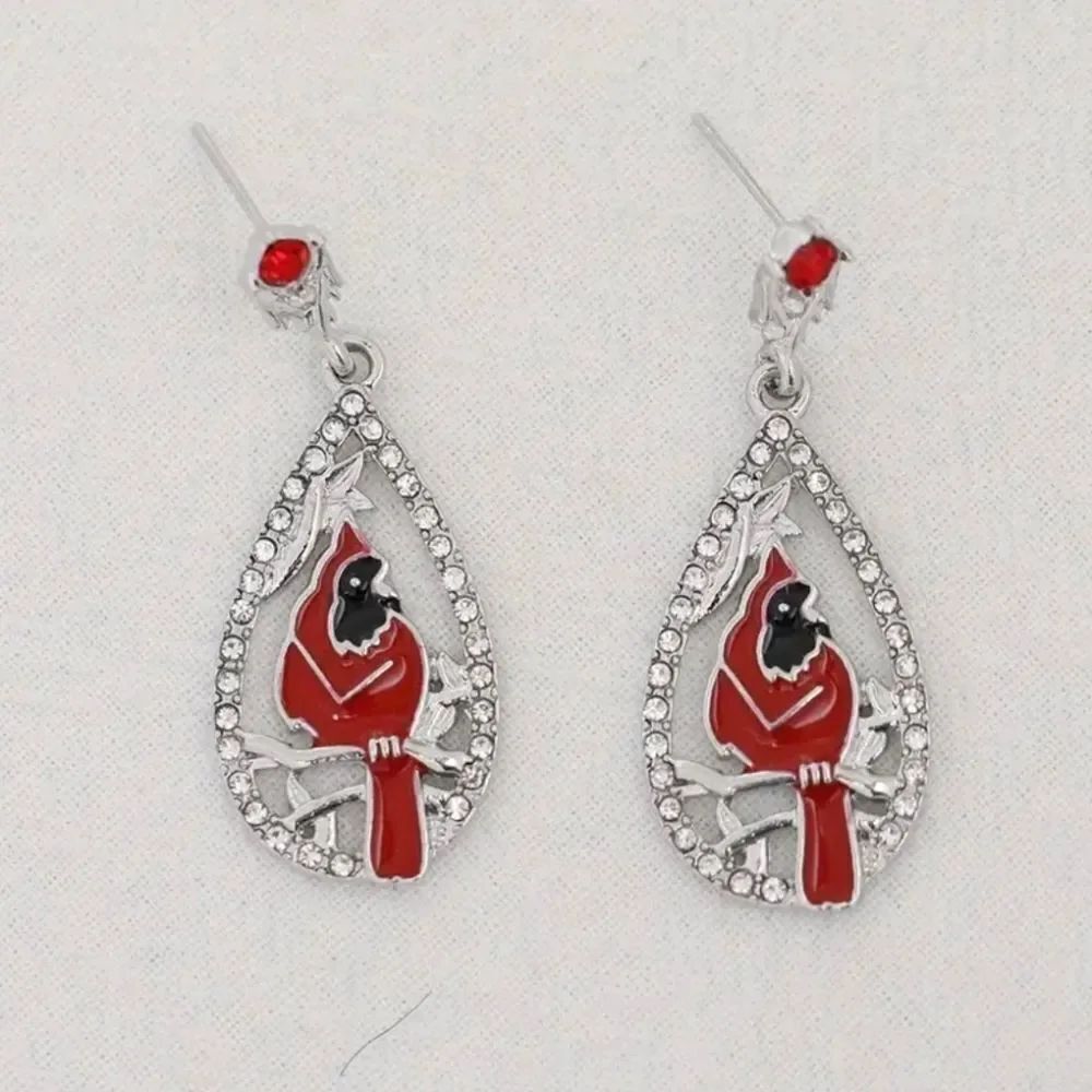 Red Cardinal Silver Diamond Earrings - Picture 3 of 4